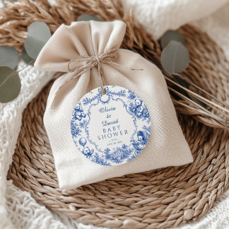 Vintage Blauwe Toile Teddydbeer Babyfeestje Bedankjes Labels