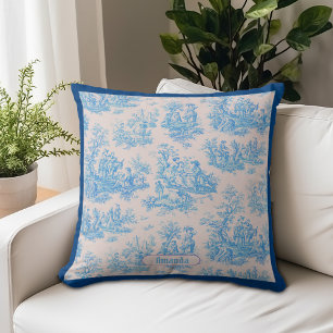 Vintage Blauwe Turquoise Toile Bloemige Monogram Kussen