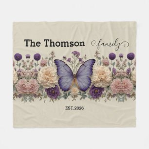 Vintage Blauwe Vlinder met Bloemen voor Familie Fleece Deken
