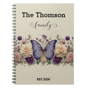 Vintage Blauwe Vlinder met Bloemen voor Familie Notitieboek