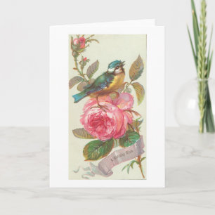 Vintage Blauwe Vogel en Roze Bloem Verjaardag Kaart