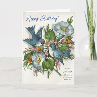 Vintage Blauwe Vogel van Geluk Verjaardag Kaart