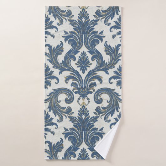 Vintage Bleu et or Baroque Damas (Serviette de bain)