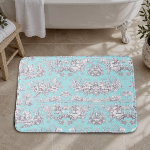 Vintage bloem aqua blauwe toile de jouy badmat