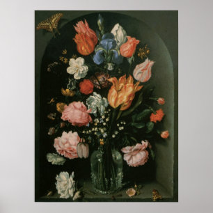 Vintage bloem barok, vaas met bloemen in een nis poster