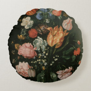 Vintage bloem barok, vaas met bloemen in een nis rond kussen