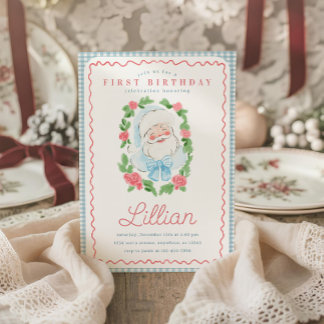 Vintage bloem- en gingham Kerstman verjaardag Kaart