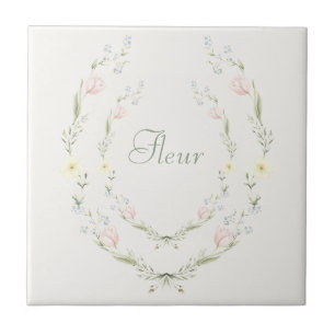 Vintage bloem fleur pastel Franse keramische tegel Tegeltje