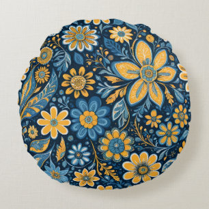 Vintage bloem hippie ontwerp geel blauw rond kussen