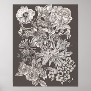 Vintage Bloem Moderne Grijze Botanische Chic Wand  Poster