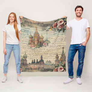 Vintage bloem Moskou Kunstwerk - Handgeschreven Sc Fleece Deken