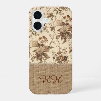 Vintage bloem-motief jute monogram telefoonhoes iPhone 16 hoesje