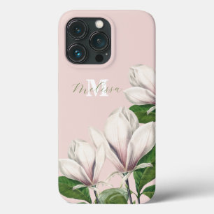 Vintage Bloem Motief Magnolia Roze Monogram Naam iPhone 13 Pro Hoesje
