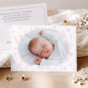 Vintage bloem roze meisje ovaal foto baby shower bedankkaart
