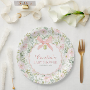 Vintage bloem roze strik meisje baby shower papieren bordje