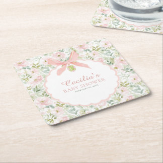 Vintage Bloem Roze Strik Meisje Baby Shower Vierkante Kartonnen Onderzetter