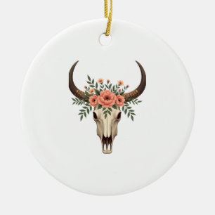 Vintage Bloem Stier Schedel Boho Westerse Botanisc Keramisch Ornament