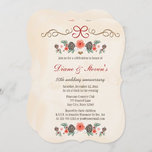 VINTAGE BLOEMEN DENNENKEGEL KERST JUBILEUM KAART (Voorkant / Achterkant)