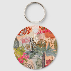 Vintage Bloemen Hula Kleurrijk Hawaiaans Tropisch Sleutelhanger