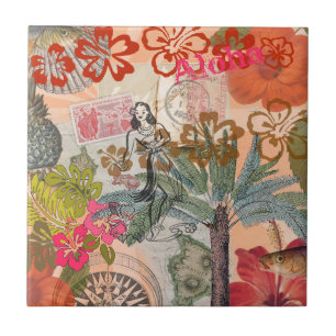 Vintage Bloemen Hula Kleurrijk Hawaiaans Tropisch Tegeltje