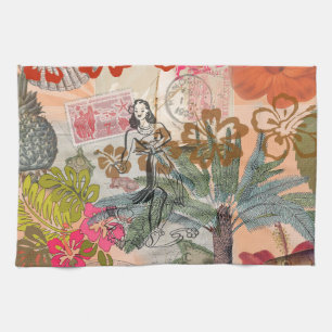 Vintage Bloemen Hula Kleurrijk Hawaiaans Tropisch  Theedoek