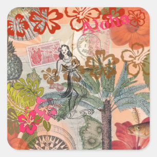 Vintage Bloemen Hula Kleurrijk Hawaiaans Tropisch Vierkante Sticker