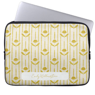 Vintage bloemen op strepen in mosterdgeel laptop sleeve