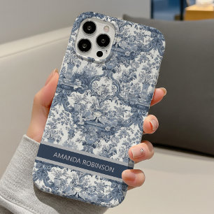 Vintage bloemendamask Blauwe toile de jouy monogra iPhone 16 Hoesje