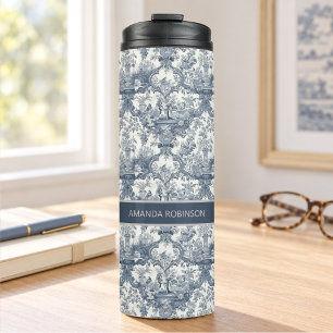 Vintage bloemendamask Blauwe toile de jouy monogra Thermosbeker