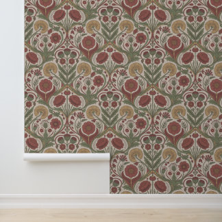 Vintage bloemendecor rood groen boho chic behang