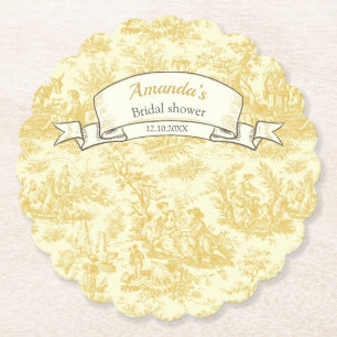 Vintage bloemengele toile de jouy douche kartonnen onderzetters