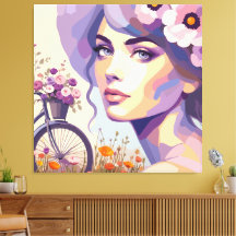 Vintage bloemenschildering Fietserend Vrouw Canvas