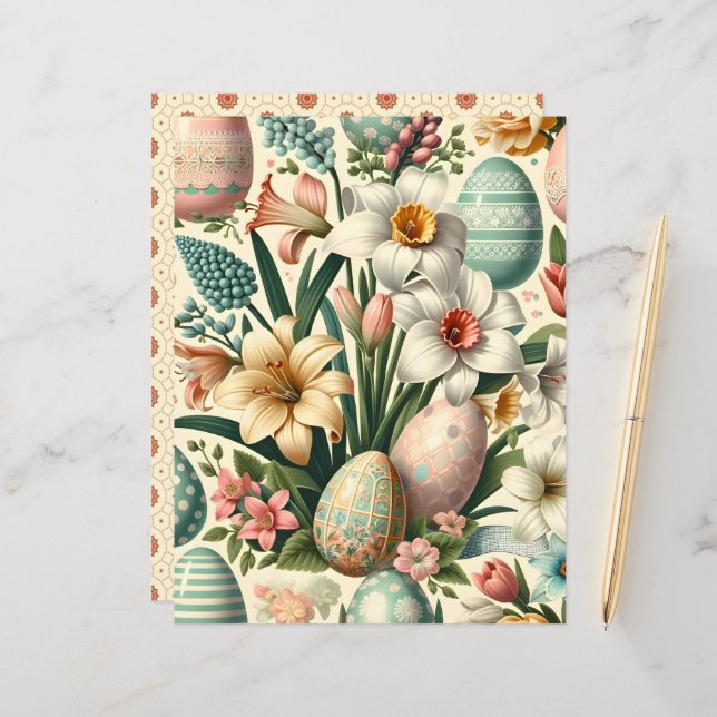 Vintage bloemige Pasen scrapbookpapier (Voorkant / Achterkant in situ)