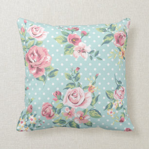 Vintage bloemige roze rozen bloemen blauwe polkado kussen