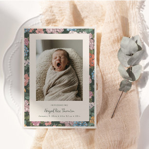 Vintage bloemige saliegroene pasgeboren babyfoto g aankondiging
