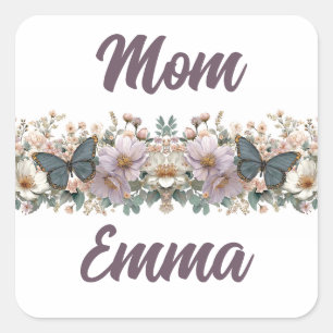 Vintage bloemmotief en groene vlinder voor mama vierkante sticker