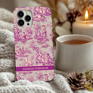 Vintage bloemmotief grijs roze toile de jouy iPhone 16 hoesje