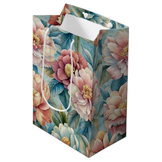 Vintage bloemmotief met perzik en roze Patel blauw Medium Cadeauzakje