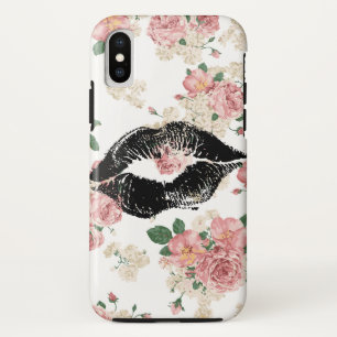 Vintage bloemmotief Zwarte lippenstift Kus iPhone XS Hoesje