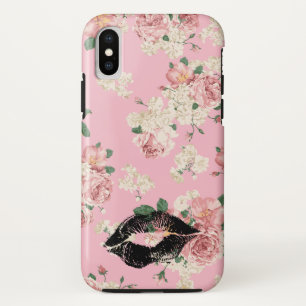 Vintage bloempatroon Zwarte lippenstift Kus iPhone XS Hoesje