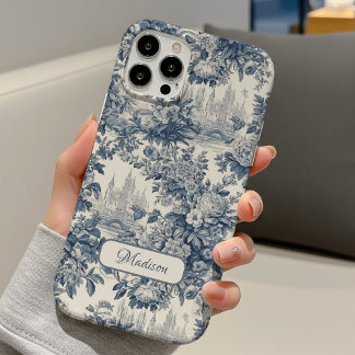 Vintage bloemrijke chic blauwe toile de jouy monog iPhone 16 hoesje