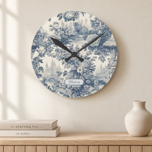 Vintage bloemrijke chic Blauwe toile de jouy monog Ronde Klok