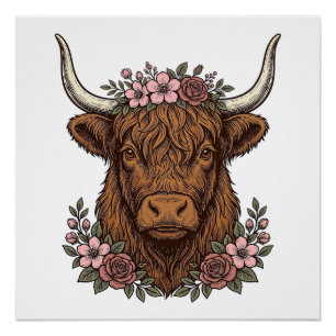 Vintage Bloemrijke Hoogland Koe Vector T-shirt Ont Perfect Poster