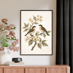 Vintage bloemrijke vogels botanische kunst poster