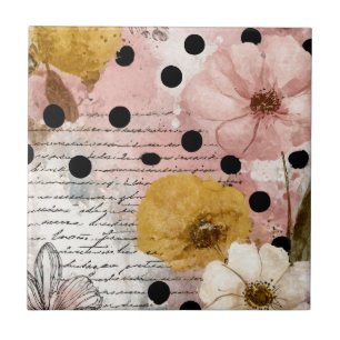 Vintage bloemschildering met waterscript en polka tegeltje