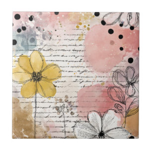 Vintage bloemschildering met waterscript en polka tegeltje