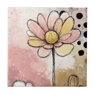 Vintage bloemschildering met waterverf en stippen tegeltje