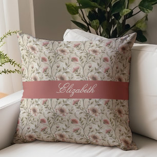 Vintage bloemschrift monogram naam Beige Kussen