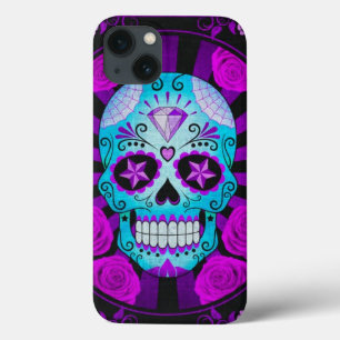 Vintage Blue and Purple Sugar Skull with Roses iPhone 13 Hoesje