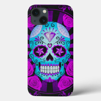 Vintage Blue and Purple Sugar Skull with Roses iPhone 13 Hoesje